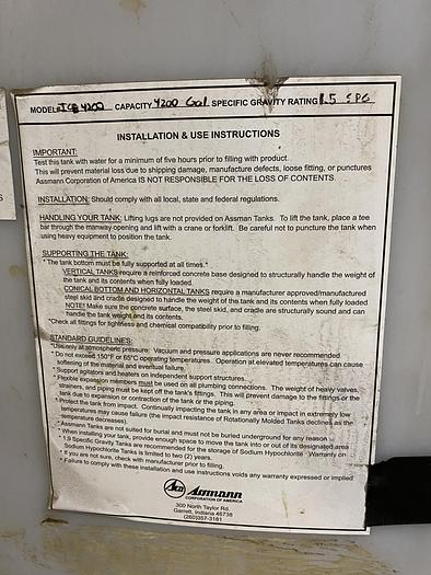 Used Used Assmann approximately 4200 gallon cone bottom poly tank