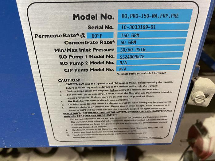 Used Used GE Pro Series RO unit rated 150 GPM