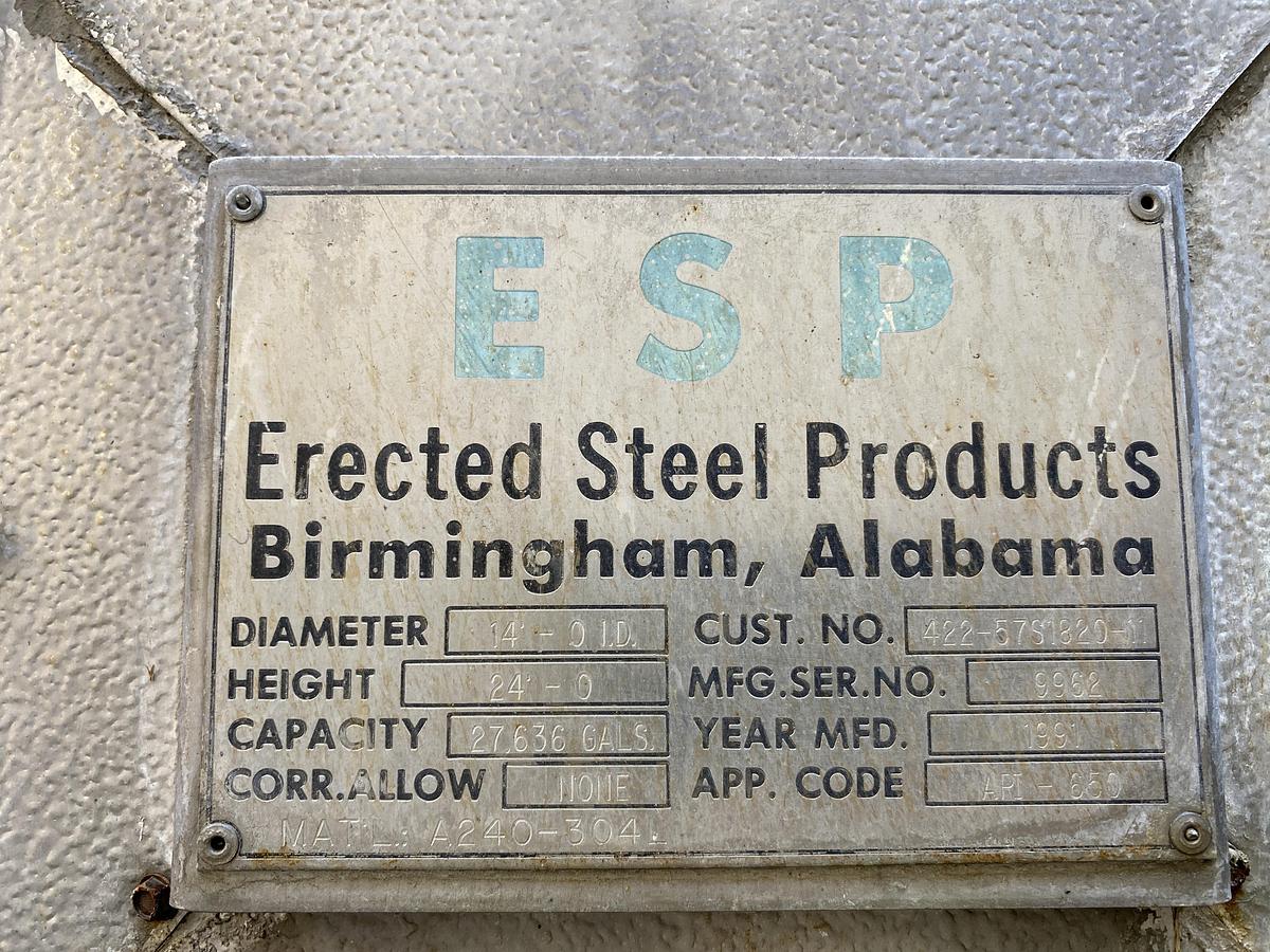 Used Used Erected Steel Products 27,636 gallon 304L stainless steel storage tank.