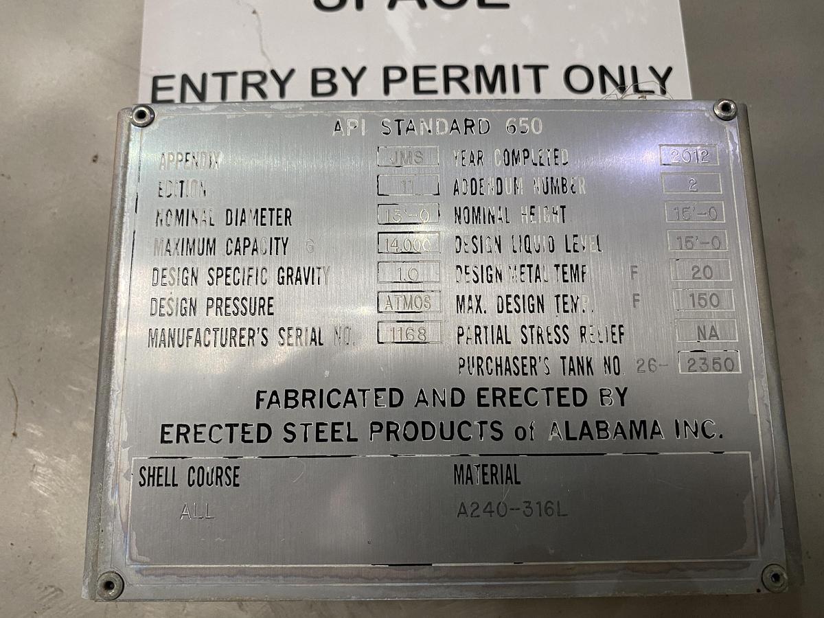 Used Used Erected Steel Products 14,000 gallon 316L stainless steel vertical tank