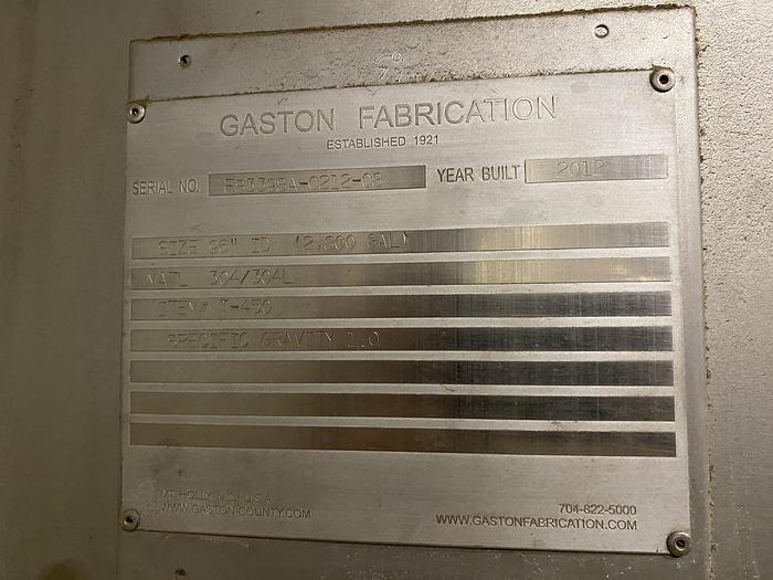Used Used Gaston County approximately 2800 gallon 304L stainless steel vertical tank
