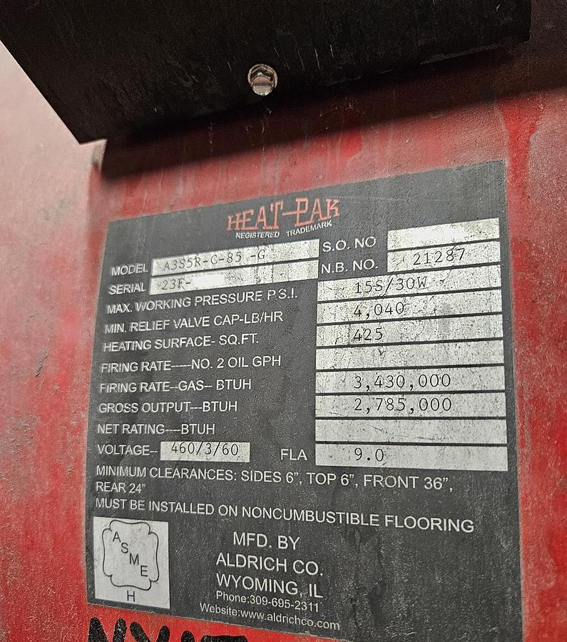 Used Used Aldrich Heat-Pak Model A3S5-85-G/A3S5R-C-85-G 85HP low pressure, hot water boilers