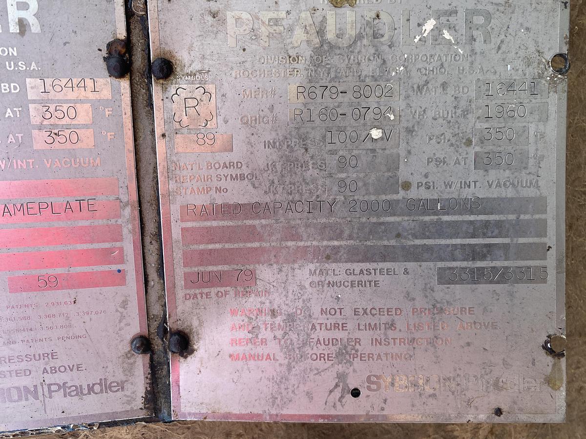 Used Used Pfaudler 2000 gallon glass lined reactor body