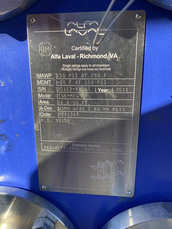 Used Used Alfa Laval 16.6 sq ft stainless steel plate exchanger