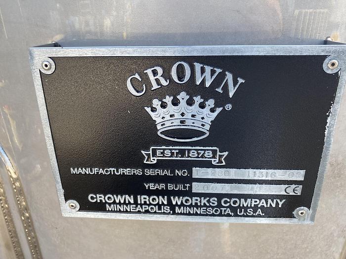 Unused Crown Iron Works Co. 215 gallon 304 stainless steel vertical tank.
