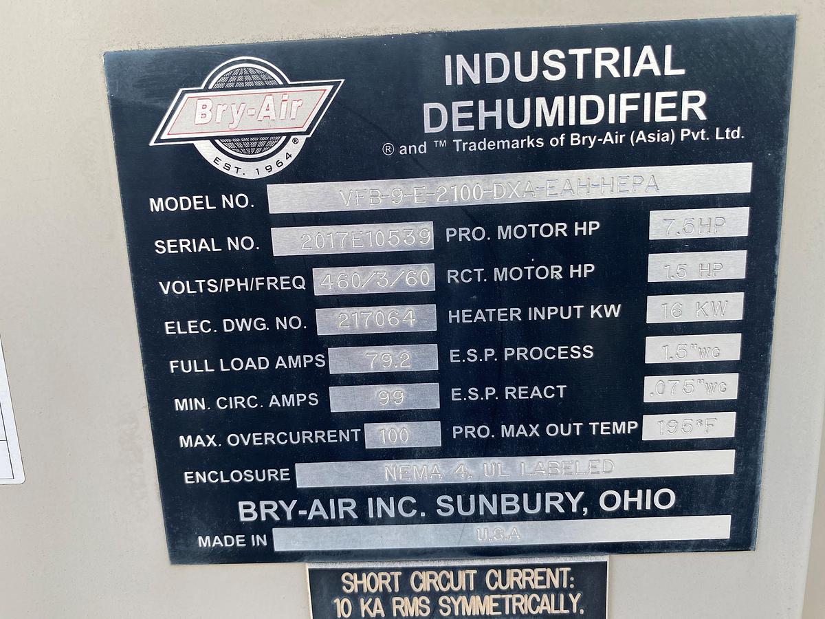 Used Used Bry-Air Model VFB-9-E-2100-DXA-EAH-HEPA continuous-duty dehumidifier