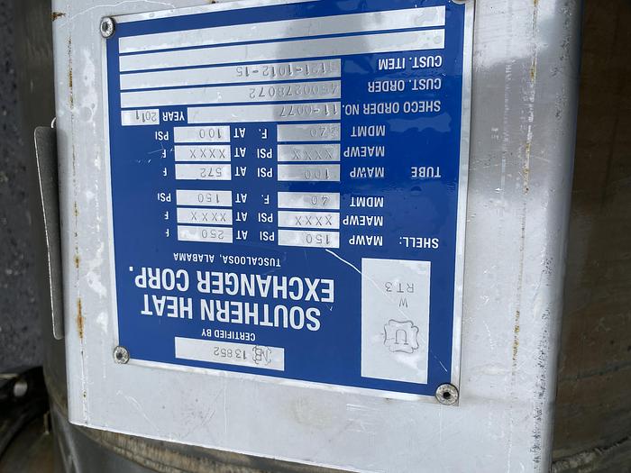 Used Used Reconditioned Southern Heat Exchanger Corporation 850 sq ft.  vertical Copper Nickel/Duplex Stainless Steel shell and tube heat exchanger