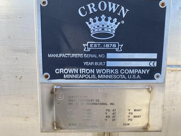 Used Crown Iron Works Co. 11,100 gallon 304L stainless steel horizontal pressure  tank