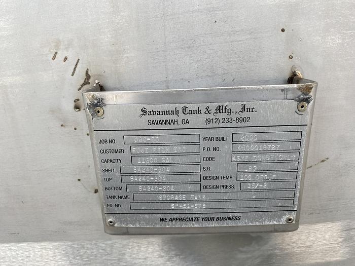 Used Used Savannah Tank & Mfg Inc. approximately 11,200 gallon 304 stainless steel horizontal...