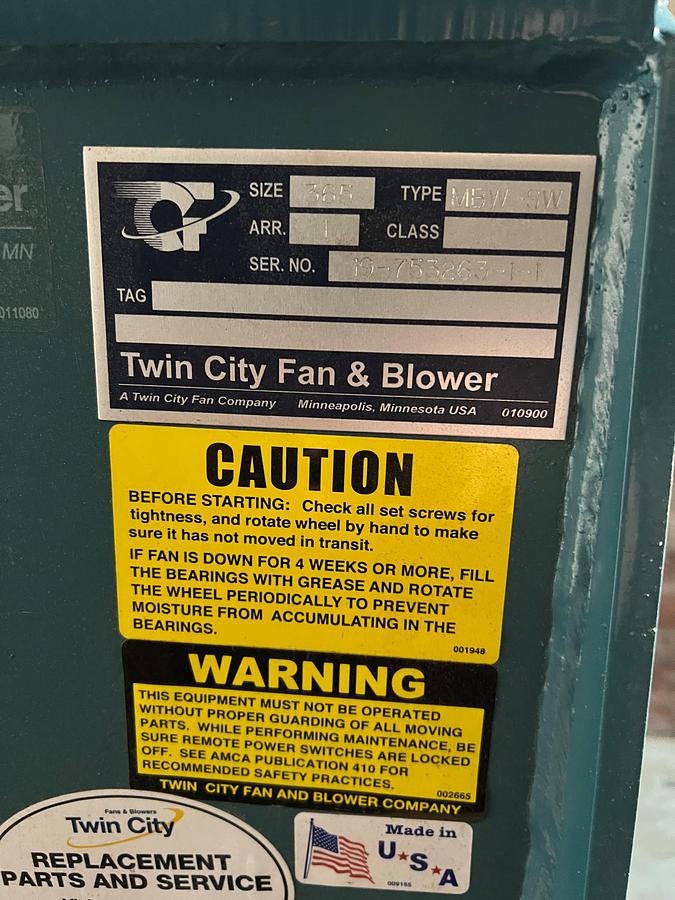 Used Used Twin City Fan and Blower Size 365 316/304 stainless steel high speed/high pressure blower