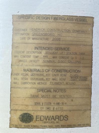 Used Unused Edwards Fiberglass Inc 3000 gallon vertical fiberglass tank