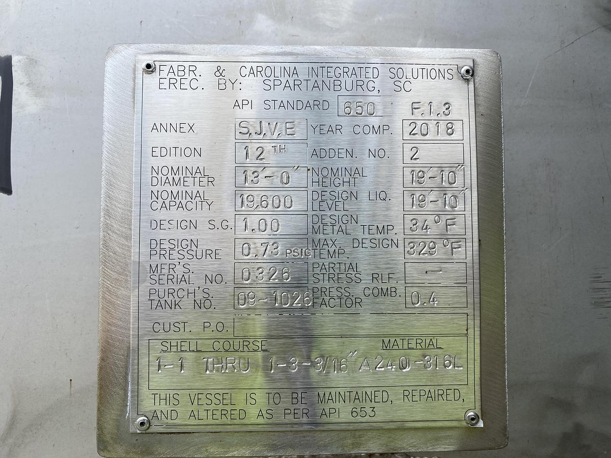 Used Used  Fabricators & Carolina Integrated Solutions Integrated Solutions 19,600 gallon 316L stainless steel vertical tank