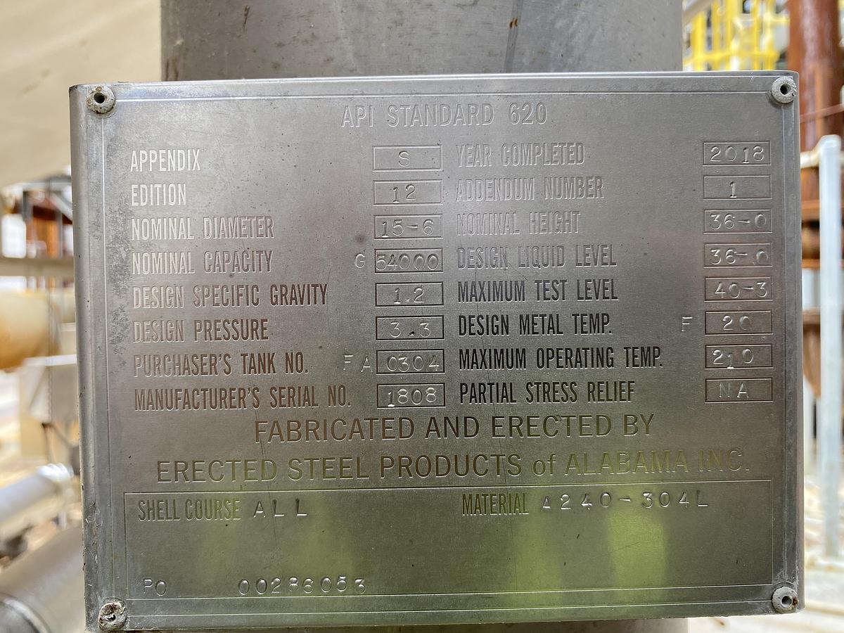 Used Used Erected Steel Products 54,000 gallon 304L vertical stainless steel tank