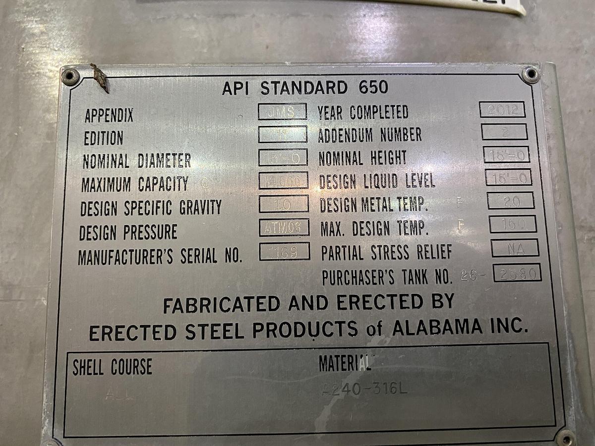 Used Used Erected Steel Products 14,000 gallon 316L stainless steel vertical tank