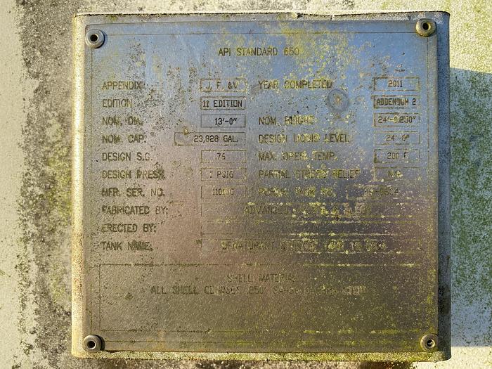 Used Used Advanced Vessel & Alloy approximately 23,800 gallon carbon steel vertical storage tank