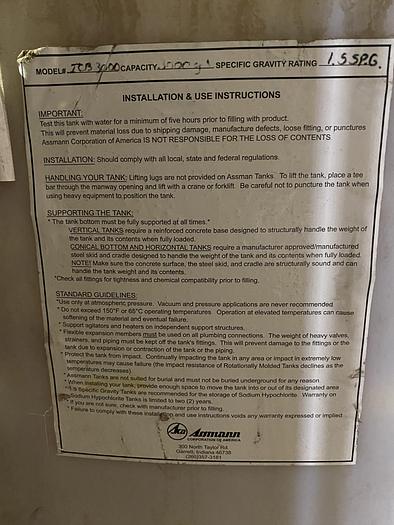 Used Used Assmann approximately 3000 gallon cone bottom poly tank