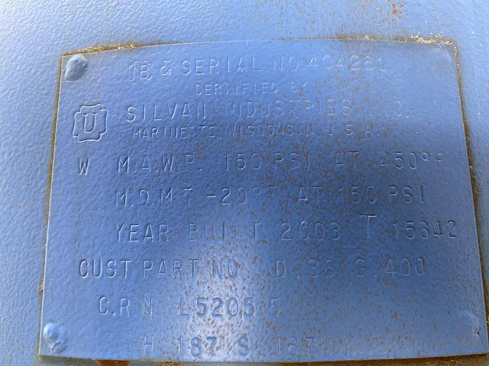 Used Used Silvan Industries approximately 330 gallon vertical carbon steel air receiver.