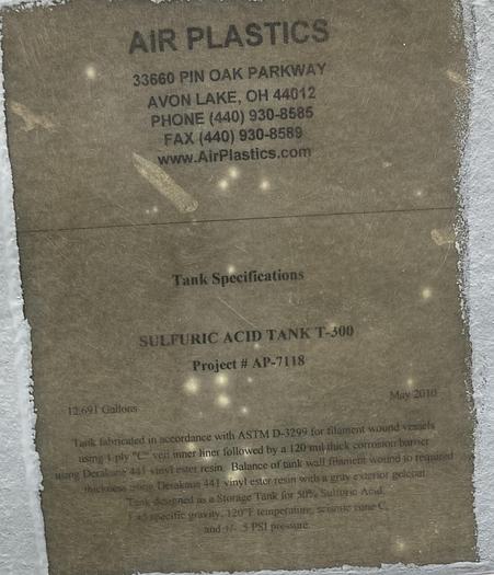 Used Used Air Plastics approximately 12,600 gallon fiberglass tank.