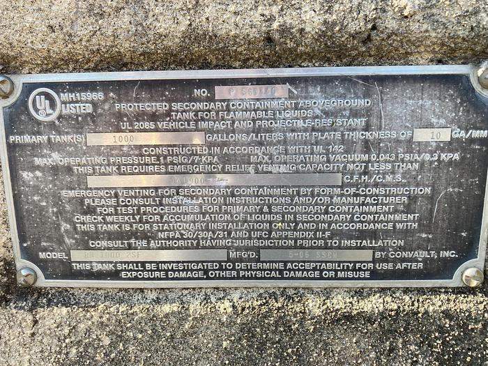 Used Used ConVault 1000 gallon rectangular self-contained fuel tank