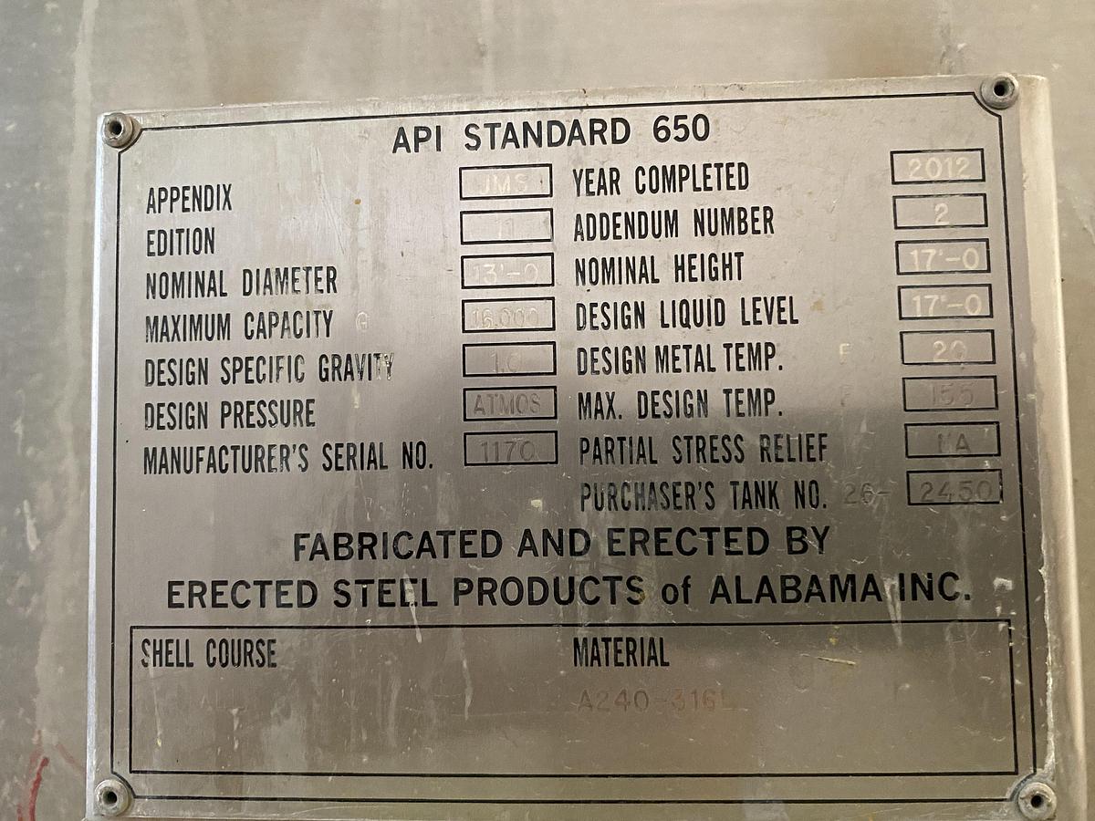 Used Used Erected Steel Products 16,000 gallon 316L stainless steel vertical tank