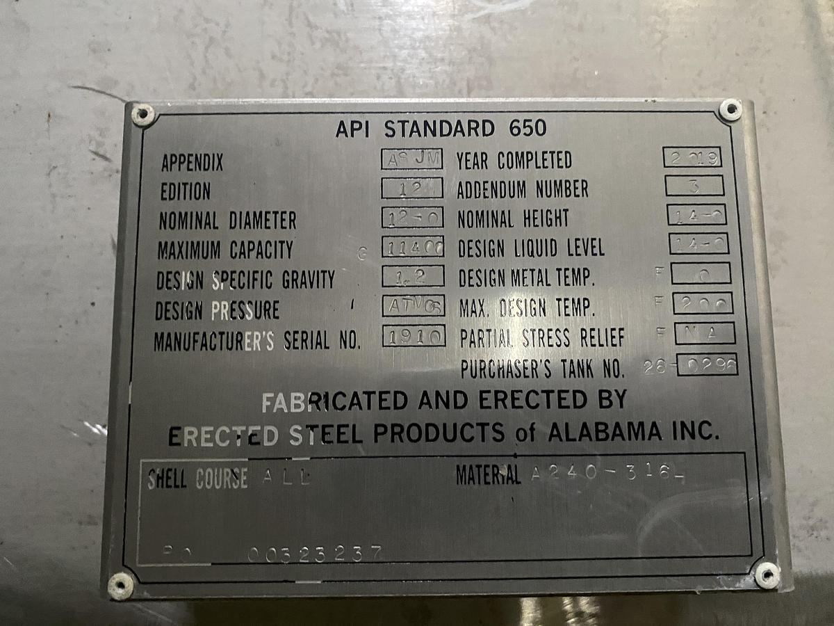 Used Used Erected Steel Products 11,400 gallon 316L stainless steel vertical tank