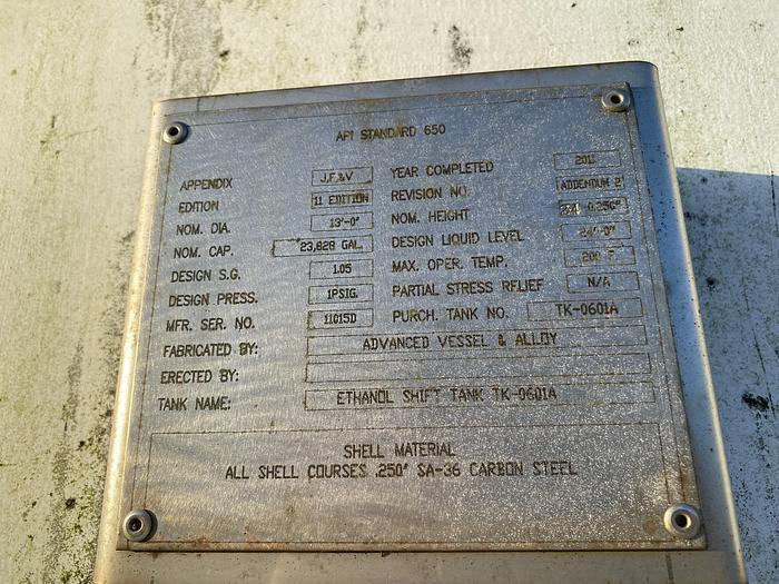 Used Used Advanced Vessel & Alloy approximately 23,800 gallon carbon steel vertical storage tank