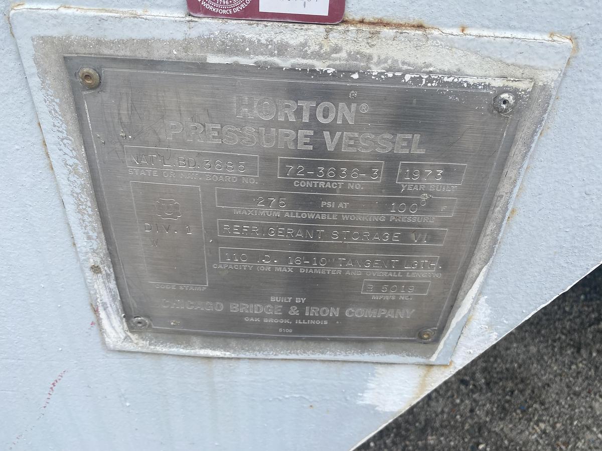Used Used Horton Pressure Vessel built by Chicago Bridge and Iron Works approximately 12,0000 gallon carbon steel horizontal pressure tank