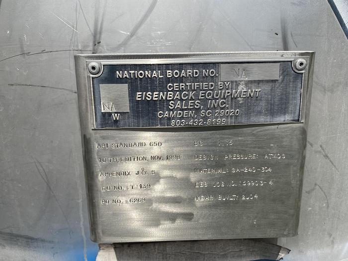 Used Used Eisenback Equipment Sales Inc.  approximately 3000 gallon 304 stainless steel vertical storage tank