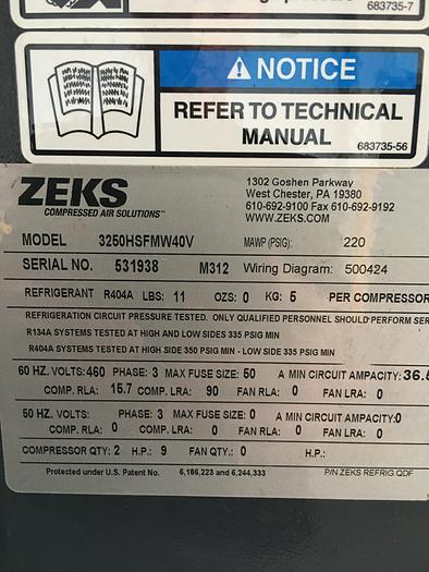 Used Used ZEKS Model 3250HSFMW40V HeatSinkTM air dryer