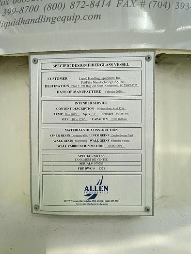 Used Used Allen Industries 7300 gallon vertical fiberglass tank.