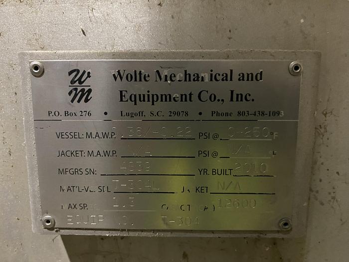 Used Used Wolfe Mechanical approximately 12,600 gallon 304L stainless steel vertical mix tank