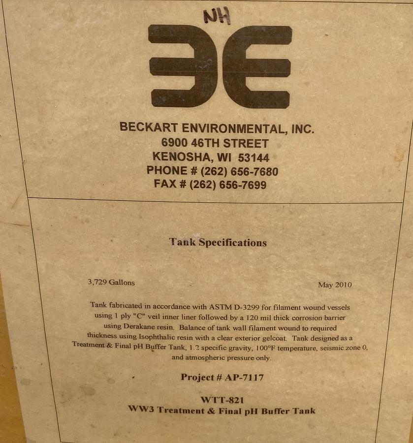 Used Used Beckart Environmental Inc. 3700 gallon vertical fiberglass mix tank