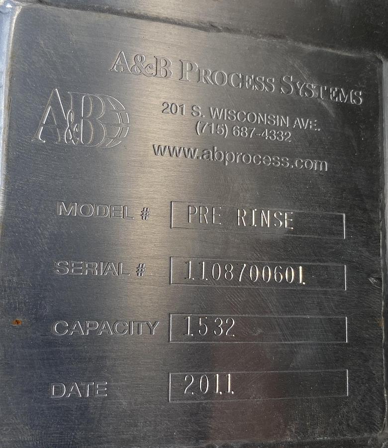 Used Used A & B Process approximately 1,100 gallon sanitary stainless steel vertical tank