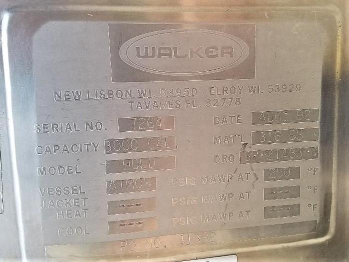 Used 3,000 GALLON WALKER SANITARY STAINLESS STEEL TANK