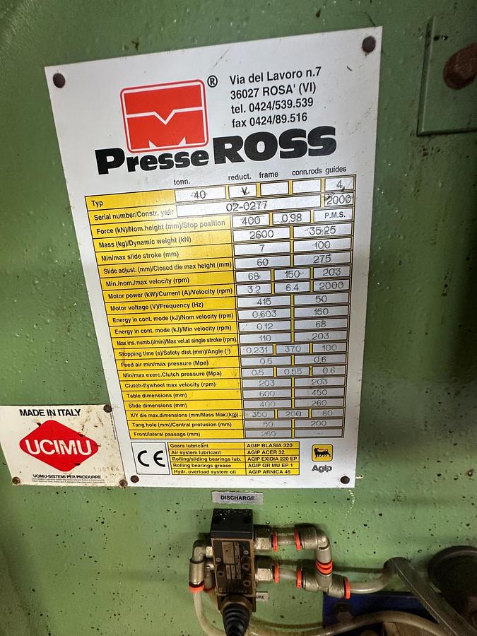 Used 2000 Presse Ross 40V-4 40 Ton Press with OBRU Decoiler