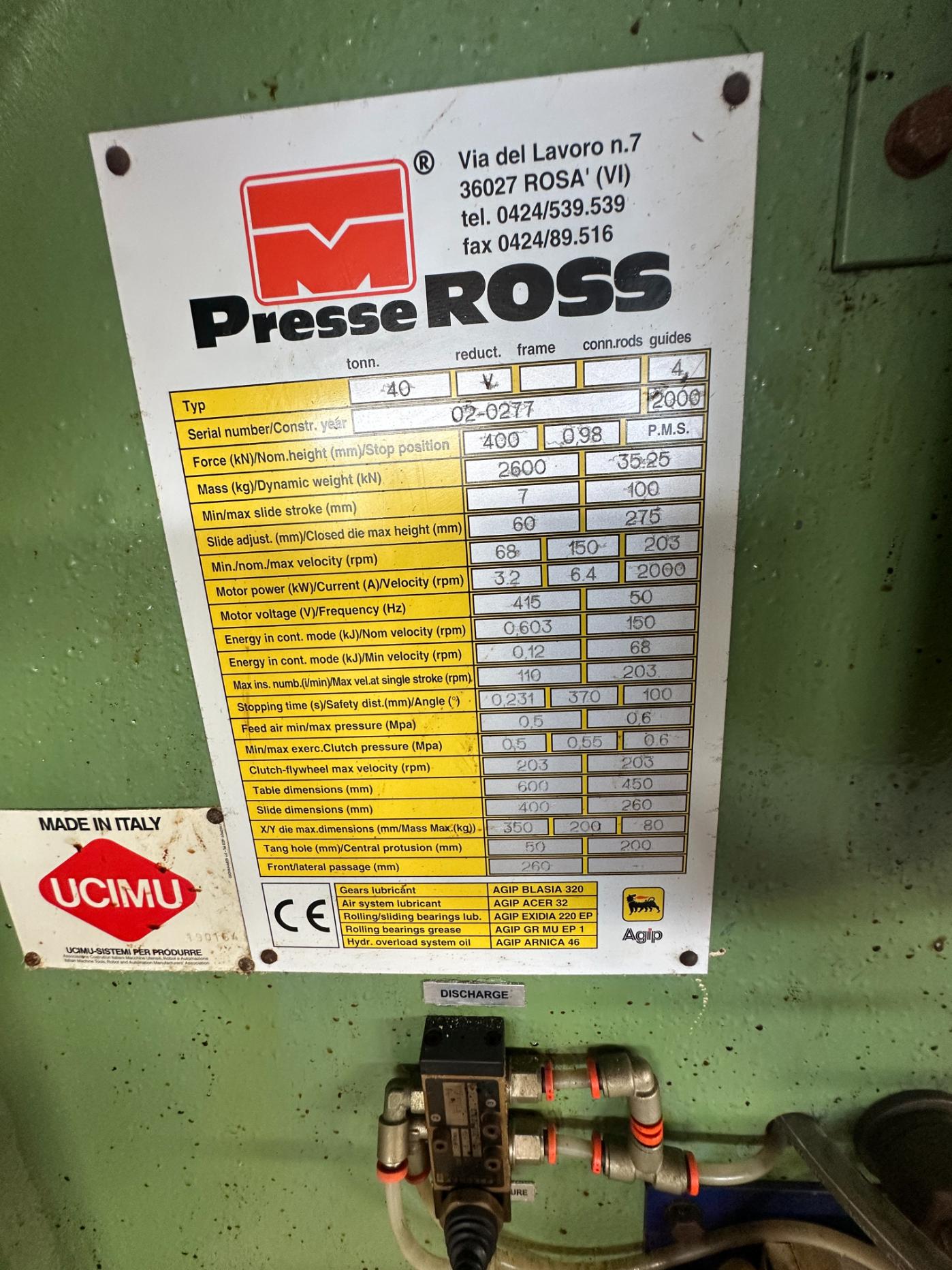 Used 2000 Presse Ross 40V-4 40 Ton Press with OBRU Decoiler 