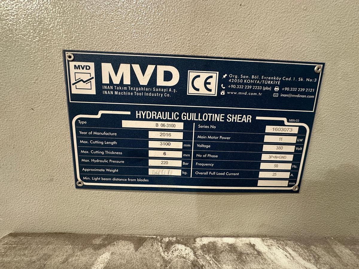 Used 2016 MVD B06-3100 Hydraulic Guillotine for Sale | 3100 x 6mm Sheet Metal Shear