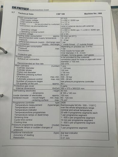 Used DR. Fritsch CSP 100 Sintering Press