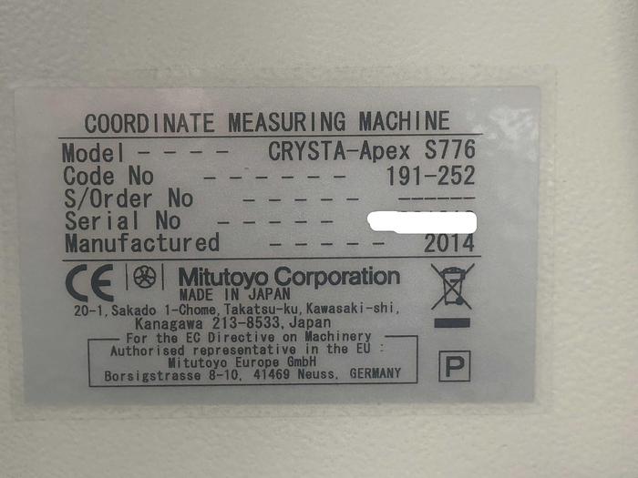 Used 2014 Mitutoyo Crysta-Apex S776 CNC Co-Ordinate Measuring Machine