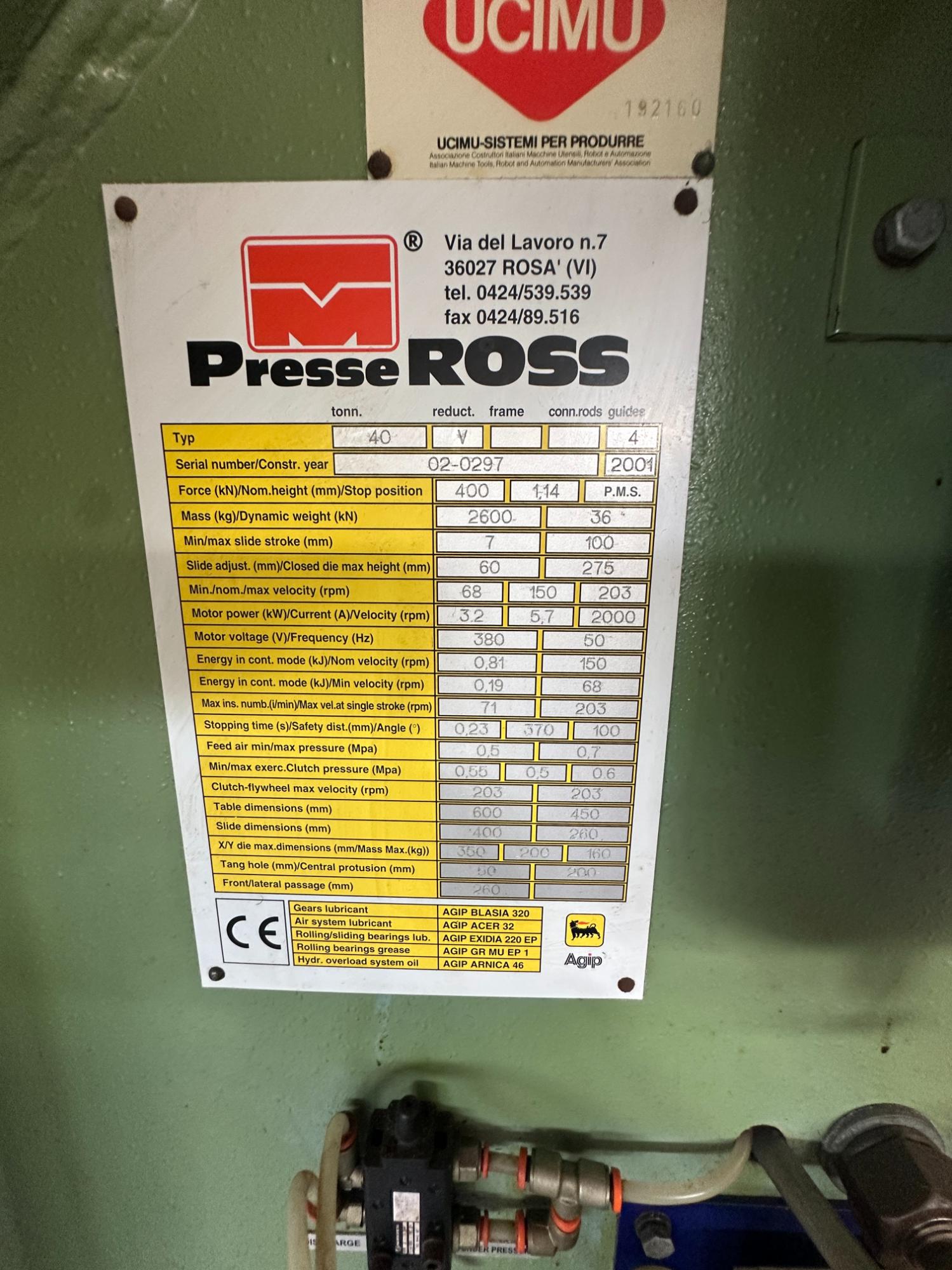 Used 2001 Presse Ross 40V-4 40 Ton Mechanical Press for Sale