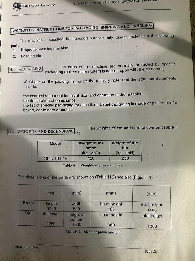 Used Used Nazzareno OL.D 101 1P Briquette Press | Wood Dust