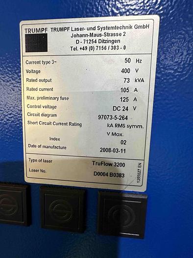 Used 2008 Trumpf TruLaser 3030 CO2 Laser Cutting Machine