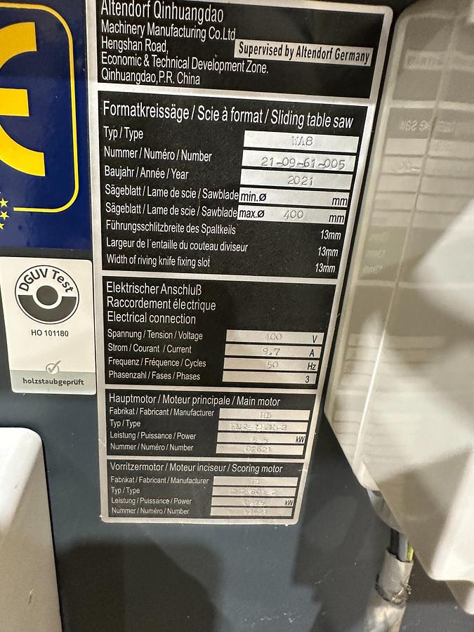 Used 2021 Altendorf WA 8X Sliding Table Saw
