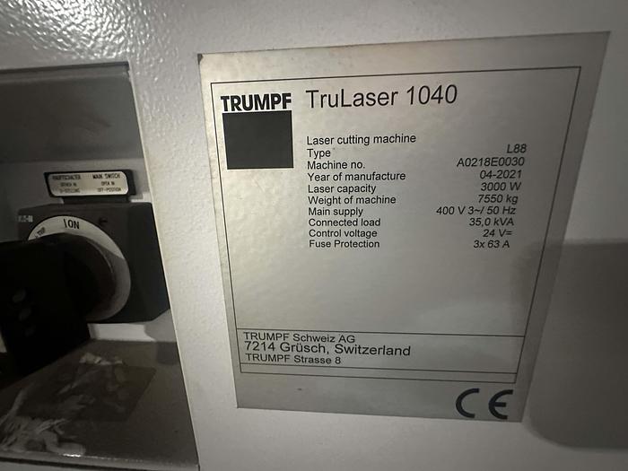 Used 2021 Trumpf Trulaser 1040 Fiber Laser Cutting Machine