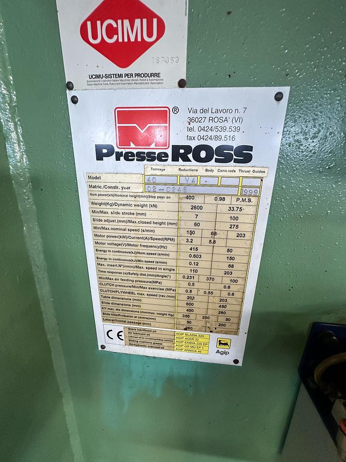 Used 1999 Presse Ross 40V-4 40 Ton Mechanical Press for Sale