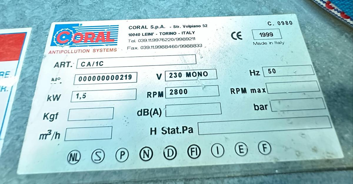 Used Coral CA/1C Dust Extraction Unit | 1999 | 230V | Excellent Condition | Used Machine Tools Ireland