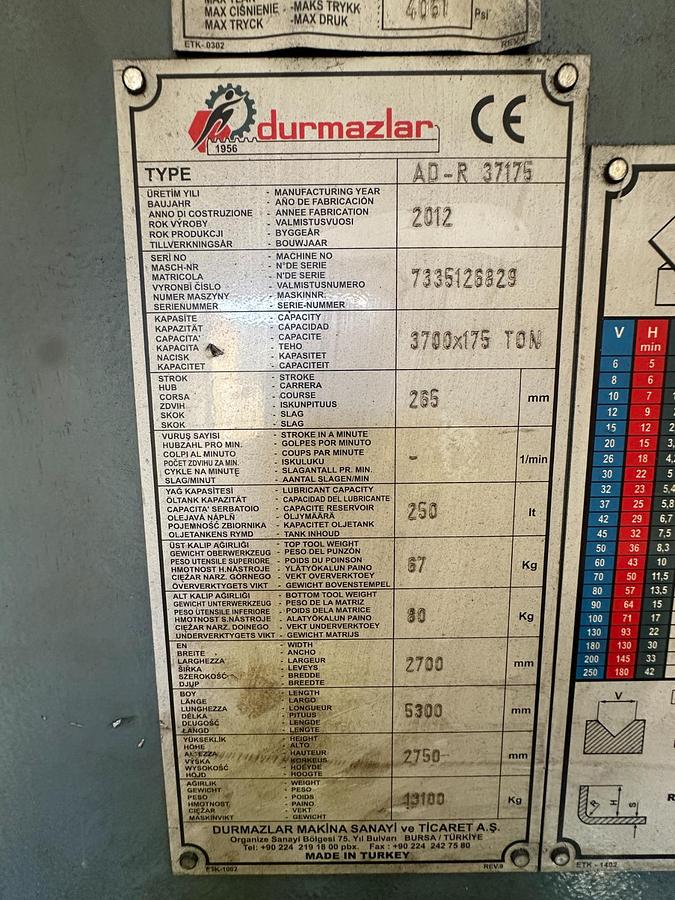 Used 2012 Durma AD-R 37175 CNC Press Brake 175 Ton 3700mm for Sale | Used Machine Tools Ireland