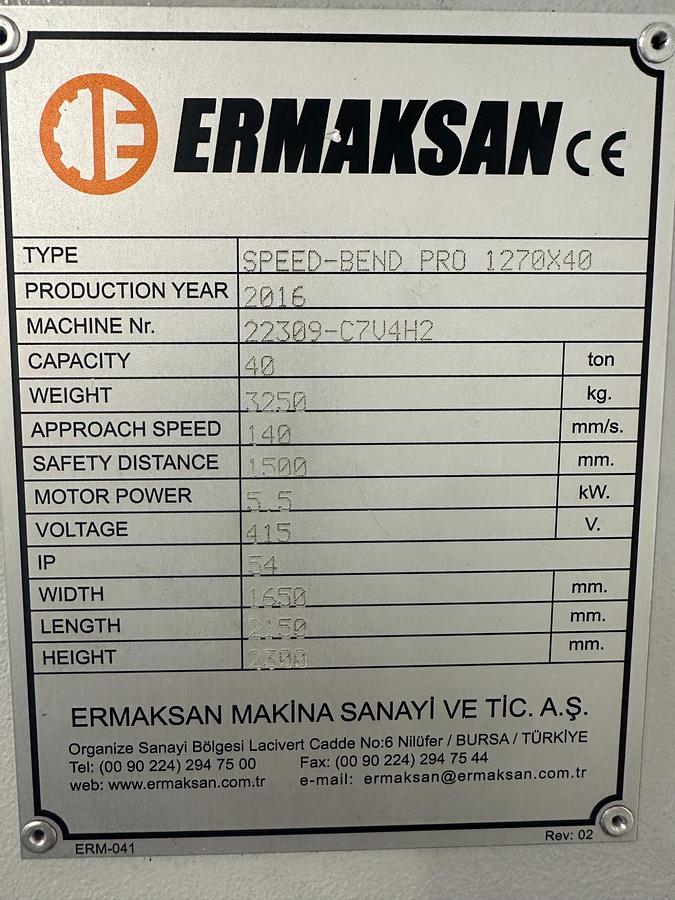 Used Used 2016 Ermaksan Speed-Bend Pro 1270 x 40 CNC Press Brake | 6 Axis Press Brake Ireland