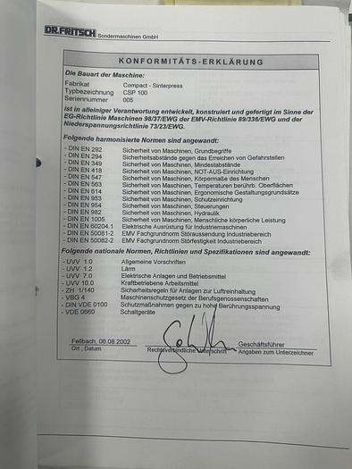 Used DR. Fritsch CSP 100 Sintering Press
