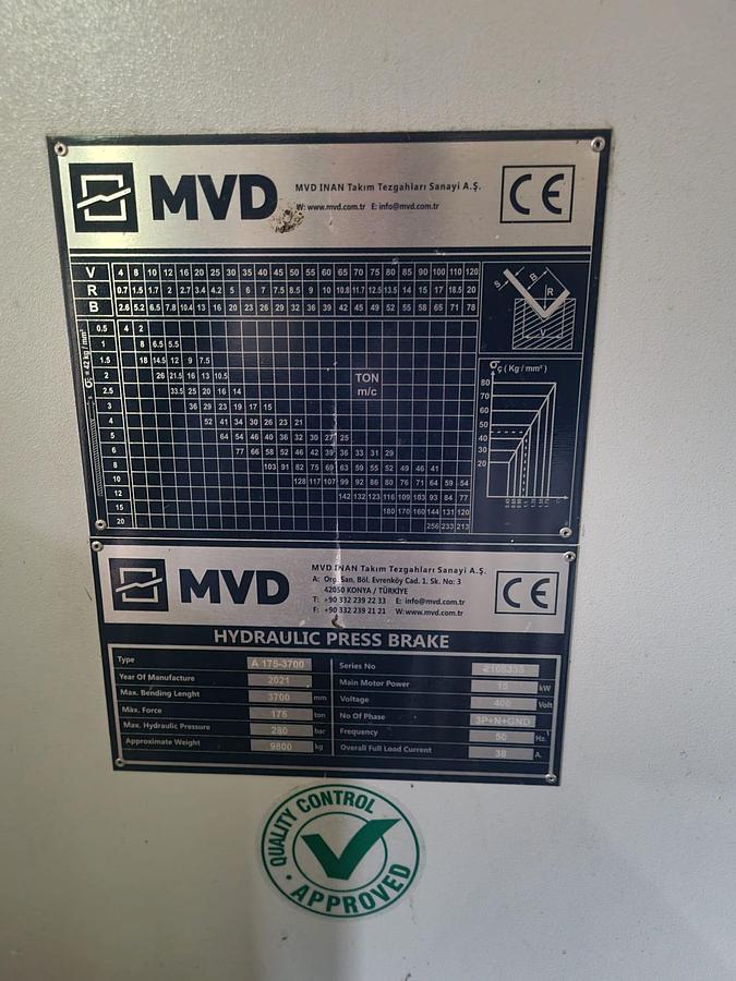 Used 2021 MVD A175-3700 Hydraulic Pressbrake – ESA S660W Graphic CNC Control